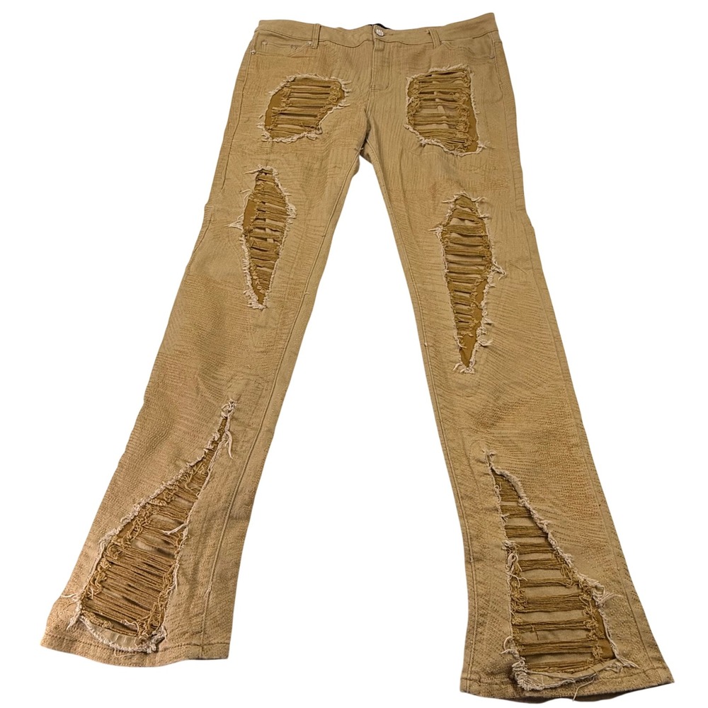 Guapi Mens Tan Distressed Textured Flare Jeans Size 40 Shredded Streetwear Khaki